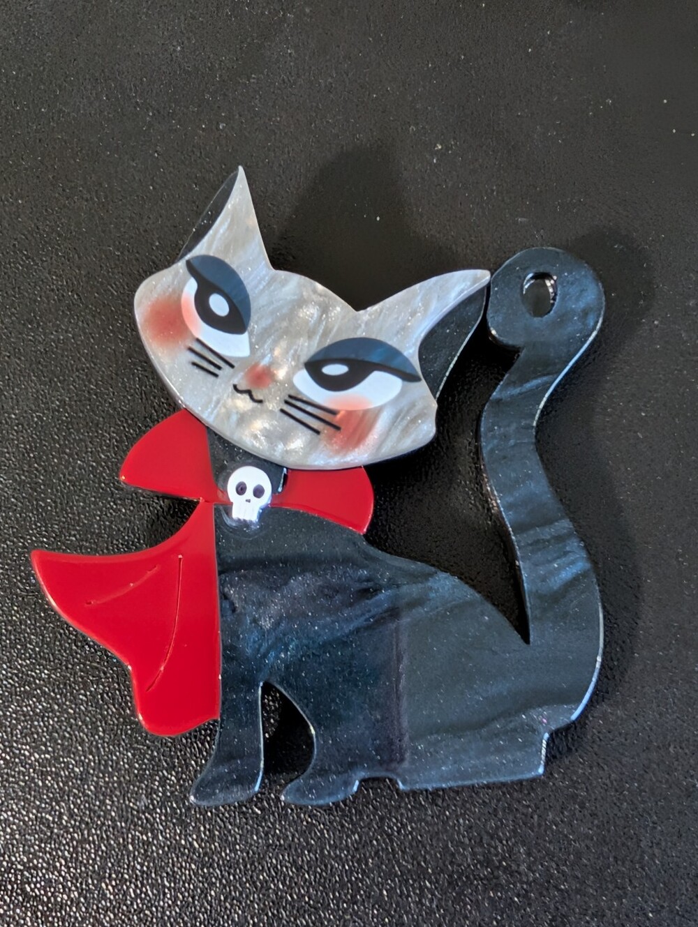 Black and Red Cat Brooch with Pearlized Gray Face - Brand